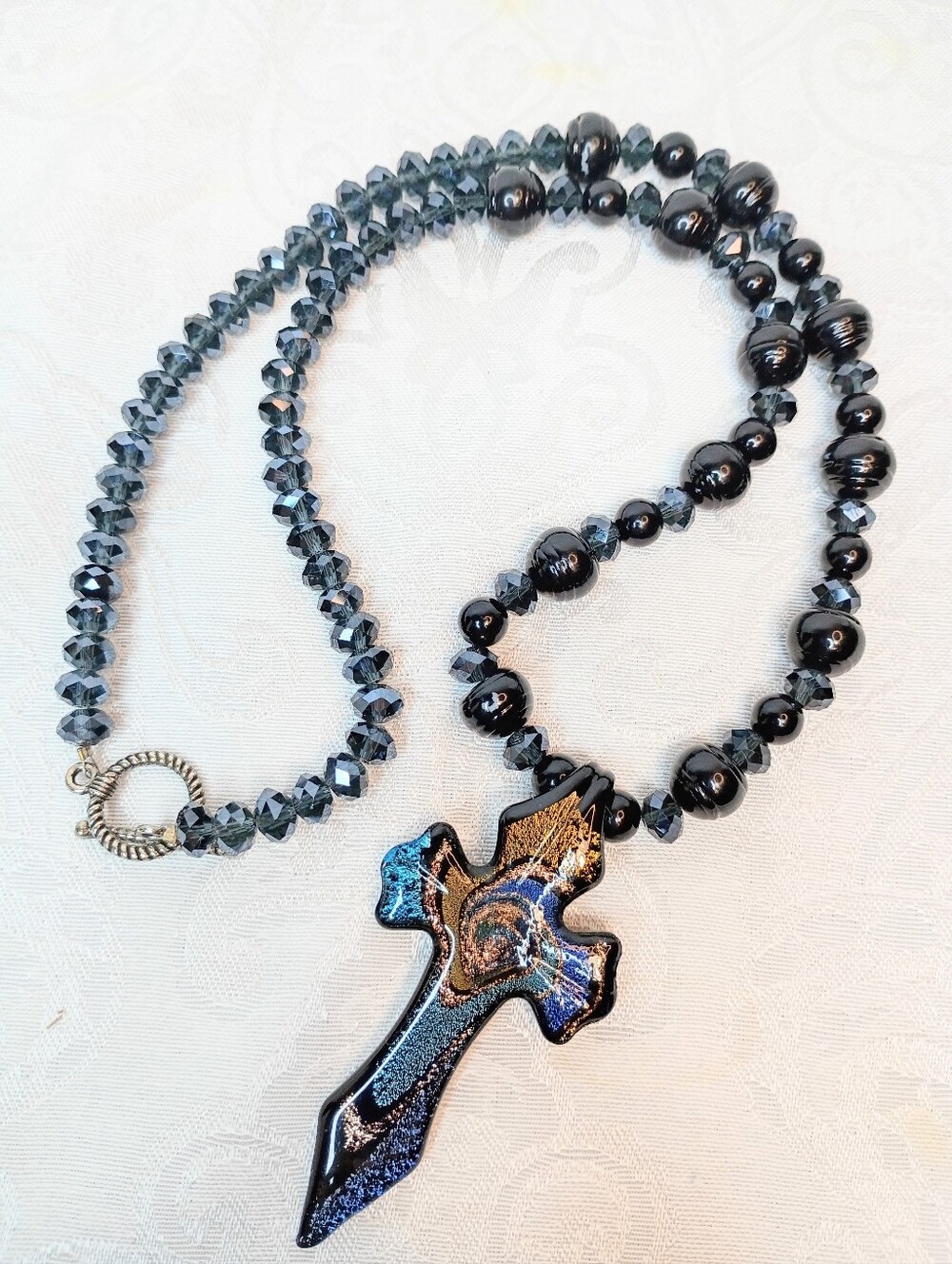 Black AB Glass Beaded Necklace  With Lampwork Glass Cross Pendant - Picture 4 of 5